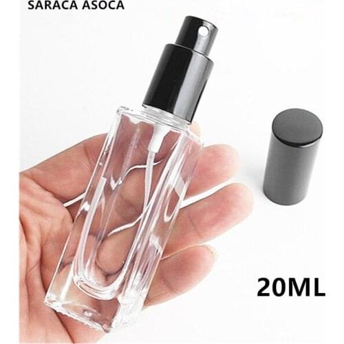 20ml Transparent Square Glass Spray Perfume Bottle Refillable Empty Bottle Thick Bottom Silver Black Color Automizer 30PCS/LOT