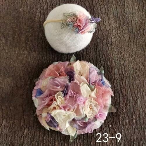 Q9QB 2 Pcs Newborn Photography Props Baby Hair Band Round Flower Cushion Set Headband Costume Kit for Infants Photo Shooting