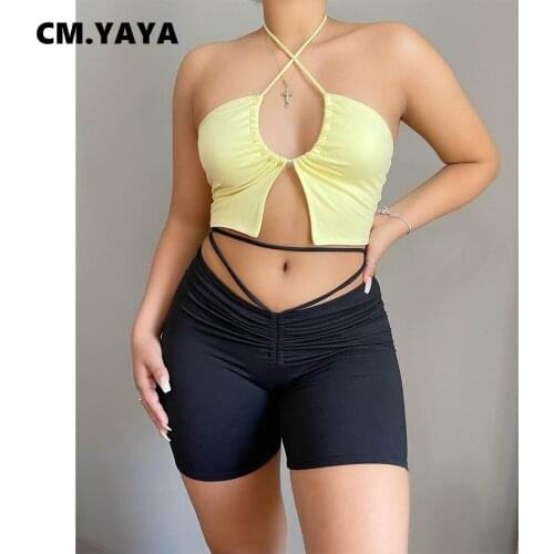 CM.YAYA Solid Women Drawstring Ruched Shorts for Yoga Sexy Low Waist Solid Skinny Elastic Workout Shorts Summer