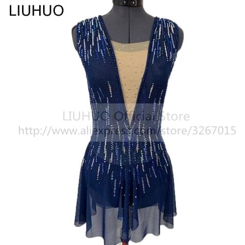 LIUHUO Womens Girls' Adult Kid Performance Ballet Rhythmic Gymnastics Competition Leotard Ice Figure Skating Dress Dance Blue