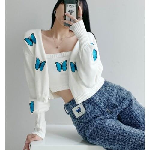 WOMENGAGA Casual Butterfly Embroidered Knitted Cardigan Women 2021 New Lantern Sleeve Sweater Short Thin Open Stitch Tops Z9DG