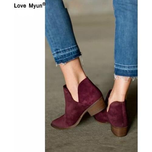 Flock Women Boots V Shape Slip-on Ankle Boots Pointed Toe Low Heel Shoes Autumn Chelsea Boots thuj89