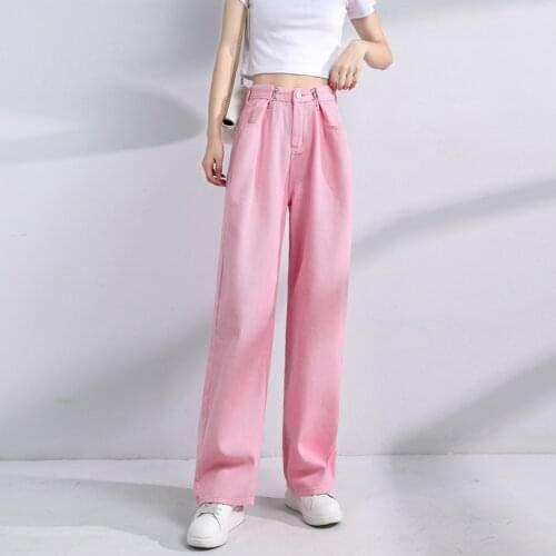 Wide Leg Pants For Women High Adjustable Waist Loose Full Length Fall Pockets Denim Straight Trousers Pink Jeans Pants P149