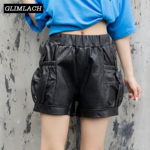 2021 New Real Leather Shorts Women Lantern Short Pants Genuine Leather 100% Lambskin Wide Leg Two Side Big Pockets Streetwear