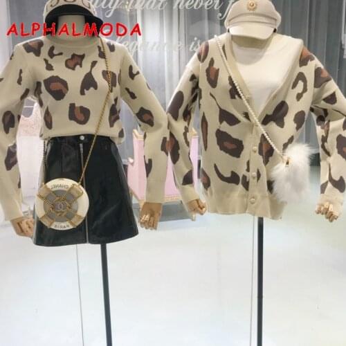 ALPHALMODA 2018 Autumn Leopard Sweater Single Breasted Long Sleeved Cardigan High Quality Winter Jumper Women Trendy Top