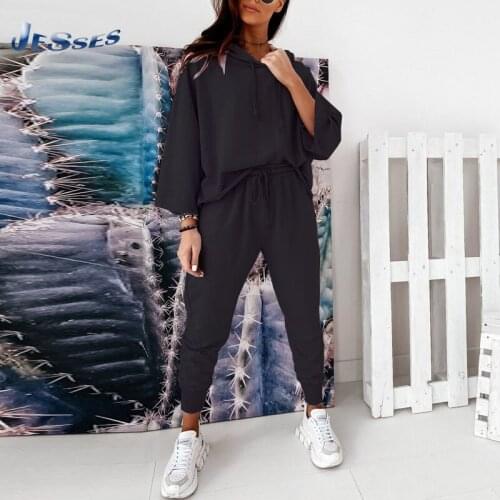 Winter/Fall 2021 Female Solid Color Loose Purple Long-Sleeve Tracksuit Fashion Casual Lace-Up Elastic Waist Sportswear Two Suits