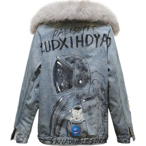 2021 autumn winter Korean loose denim stitching cotton coat womens new frayed hole Graffiti jacket thick warm Parkas outerwear