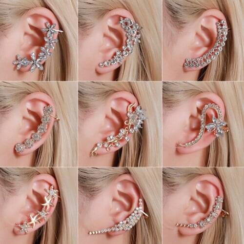 10Pcs Crystals Flower Stars Ear Wrap Crawler Hook Earrings Ear Cuff Non Piercing Clip on Cartilage Earrings Kit Jewelry