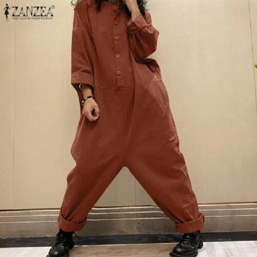 2021 ZANZEA Vintage Drop Crotch Jumpsuits Womens Spring Pants Casual Long Sleeve Playsuits Female Solid Button Romper