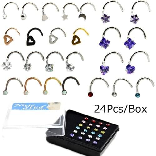 Showlove-24Pcs/Box Surgical Steel Opal Zircon Different Designs Nose Bone Ring Nose Screw Ring Nose Stud Body Piercing Jewelry