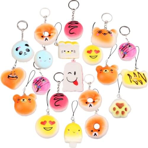 Besegad 20 PCS Funny Cute PU Squishy Toy Charms Key Chain Pendant Food for Relieves Stress Squishi Panda ice Cream Cake Random