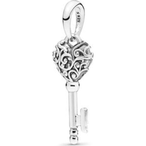 High quality 925 Sterling Silver Key heart Shape Pendants Beads Fit Original Pandora Charm DIY Bracelet necklace Jewelry making