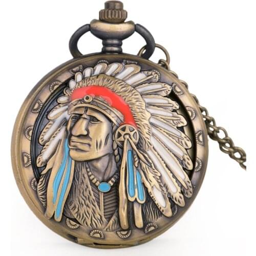 12pcs Bronze Pocket Watches Indian Old Man Pattern Quartz Pocket Watches Analog Necklace Chain Men Women Gifts Dropshipping