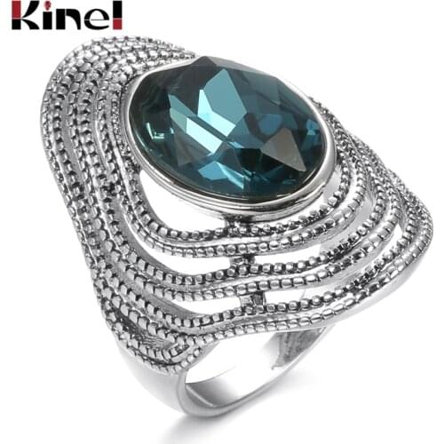 Kinel Luxury Vintage Blue Glass Ring Fashion Jewelry Ancient Silver Color Rings For Women New Year Gift Crystal