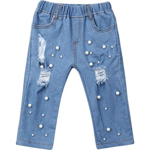 Fashion Kids Girls Summer Shredded Hole Jeans Denim Pants Toddler Baby Girl Beaded High Waist Elastic Trousers Long Pants