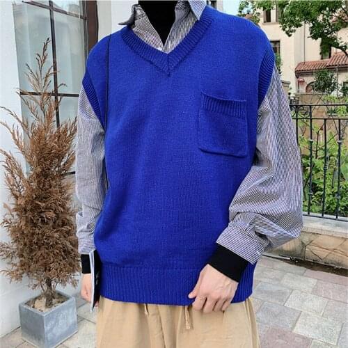 New Men Clothes Sweater male ins Korean style v-neck jacket Solid Casual student Blue pocket Loose sleeveless sweater vest men