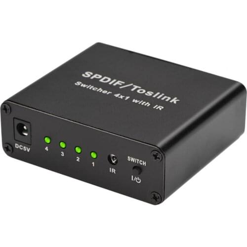 Fiber Optic Switcher Digital Optical Audio Switch SPDIF/TOSLINK Audio 4x1 Switcher Splitter Extender IR Remote100-240V