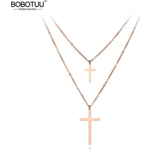 BOBOTUU Bohemia Titanium Stainless Steel Double-layered Cross Charm Choker Necklaces Pendant Chain Jewelry For Women BN19080