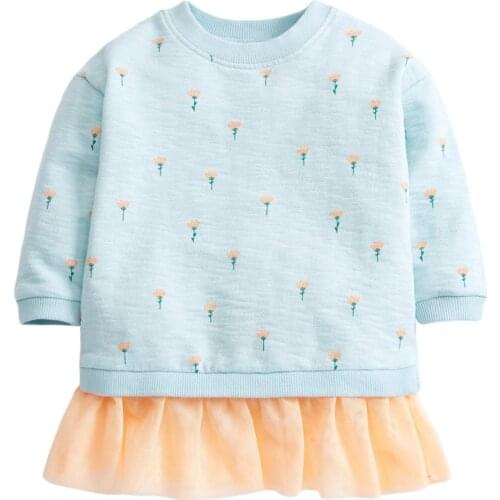 Frocks for Baby Girl Brand Autumn Clothes Flower Print Toddler Tulle Fake Two Pieces Fall Dress for Kids 2-7 Years