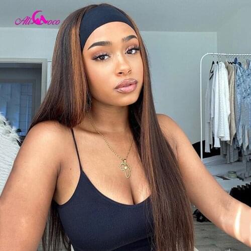 Ali Coco Highlight Straight Headband Scarf Wig Glueless Human Hair Wig for African American Women Affordable Headband Wig