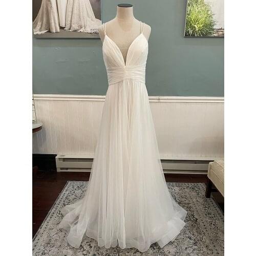 Real Photos A Line Wedding Dress V Neck Spaghetti Straps Mid Back Robe De Mariage Vestidos Custom Made Bridal Gowns Casamento