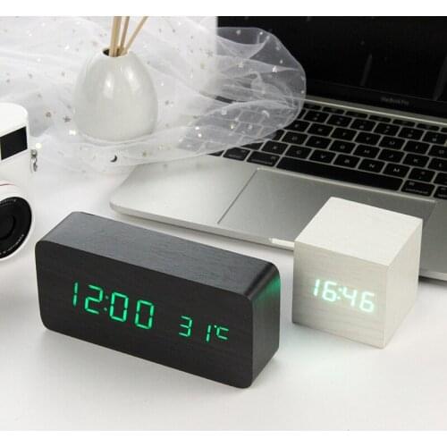 LED wooden alarm clock voice control home