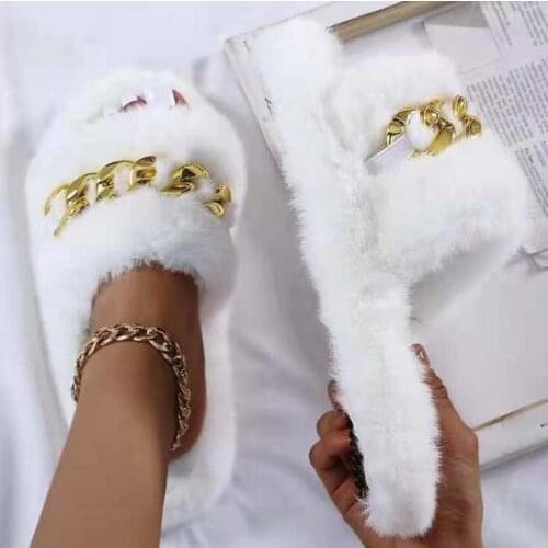 Women home new thick-soled metal chain one-word slippers female plus size plush sandals and slippers female wild slippers