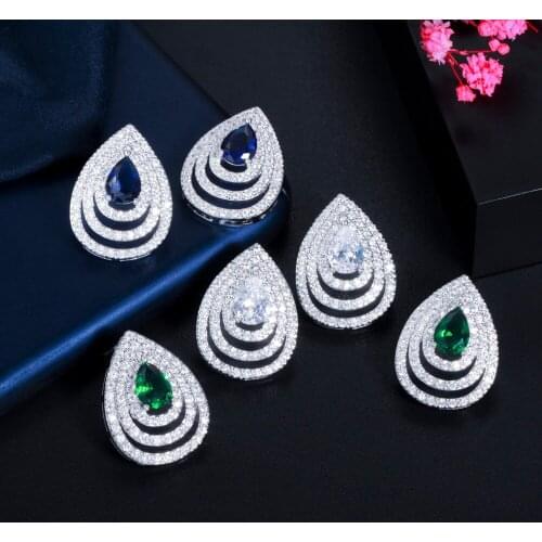 ThreeGraces Temperament Silver Color Big Geometric Stud Earrings for Ladies Shiny Green CZ Crystal New Fashion Jewelry ER646