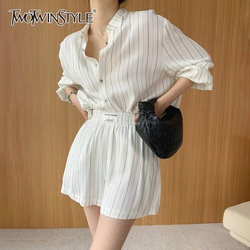 TWOTWINSTYLE Striped Casual Shorts Sets Female Lapel Long Sleeve Straight Shirts High Waist Short Loose Womens Suit 2021 Summer