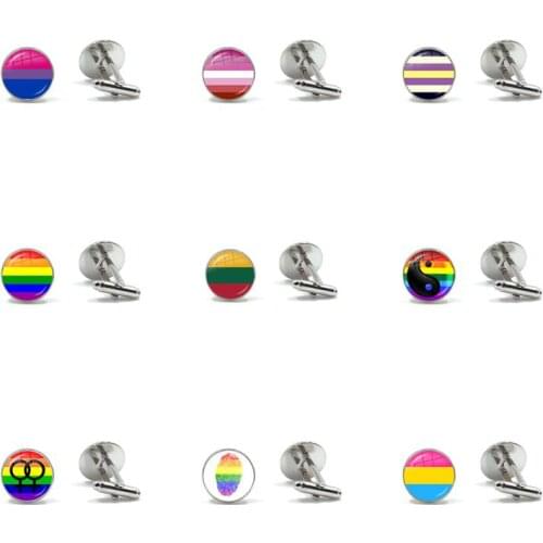 New Fashion LGBT Gay Lesbian Pride Cufflinks Rainbow Round Glass Dome Cuff Links For Men Women Jewelry Dropship
