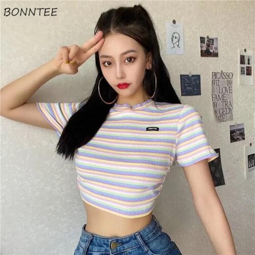T-shirts Women Sexy Crop Top Knitting Tee Lady Simple Backless Club Holiday Summer Street Slim Female Basic Striped Fashionable