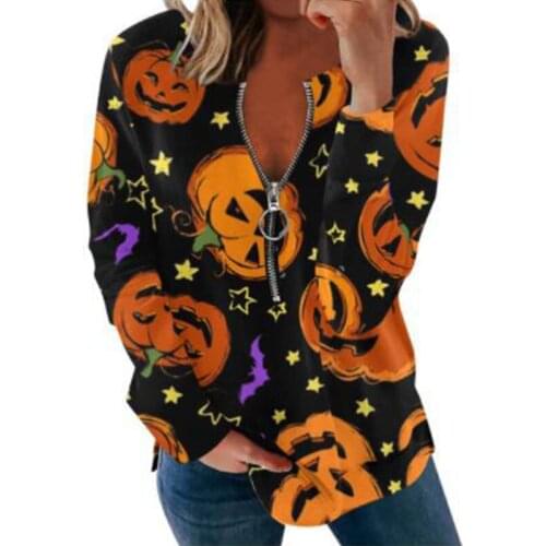 Autumn Women Hoodie Pullover Pumpkin Ghost Print Halloween Fashion Blouses Casual V Neck Zipper Lady Long Sleeve Tops Streetwear