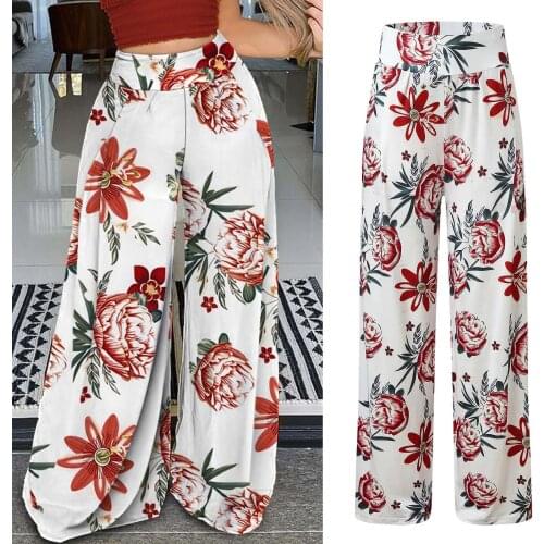 Summer Womens Wide Leg Pants Bohemia Flower Print Beach Long Pants Ladies High Waist Casual Trousers Pantalones De Mujer