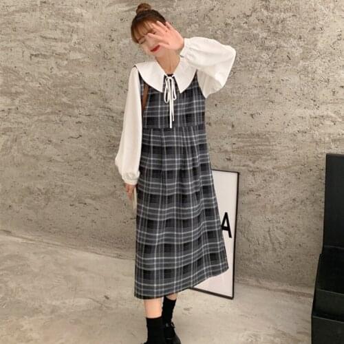 Woman Dress Set Autumn 2021 Korean Fashion Elegant Sweet Lapel Tie Shirt and Loose Wild Retro Plaid Strap Dresses Two-piece Suit