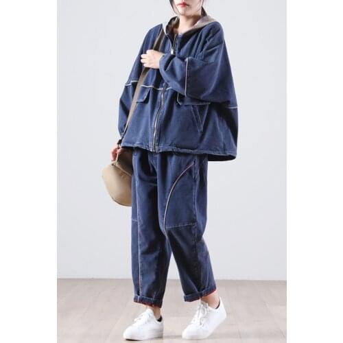 Female new autumn and beiginning winter Korean style plus size literary contrast color hooded loose casual denim two piece set