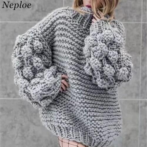 Neploe Hand Knitted Solid Women Sweater Loose Warm Puff Sleeves Girl Pullovers 2021 New Auttum Winter Fashion Sueter Mujer 68635
