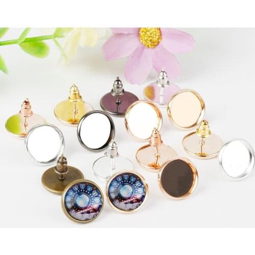 10pcs/Lot Gold/Bronze/Silver Plated Earring Studs Earrings Base Fit 12mm Glass Cabochons Buttons Earring Bezels
