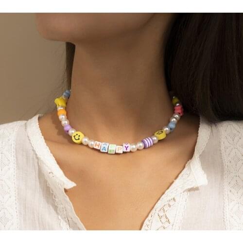 National Style Handmade Beaded Geometric Neck Chain Clavicle Chain Natural Pearl Letter Sweet Girl Smile Acrylic Color Necklace