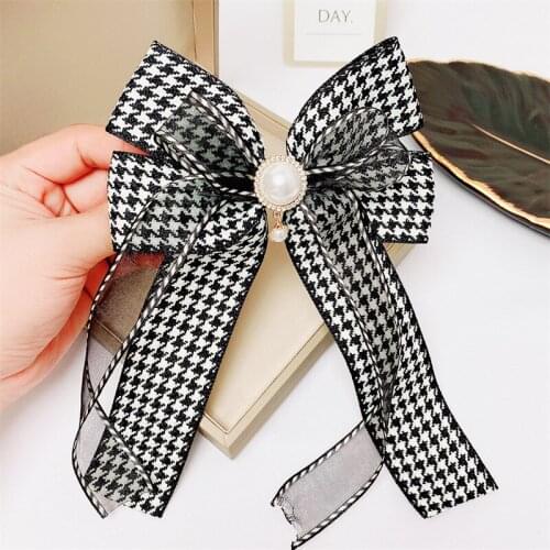 Classic Plaid Hairpin Korean Houndstooth Ribbon Bow Pearl Headdress Hair Clips Spring Hairclips Office Women Hair Accessories