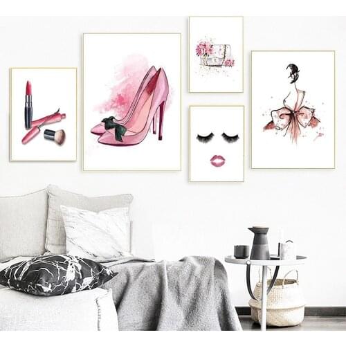 Cosmetic Art Fashion Canvas Painting Lipstick High Heels Bag Posters Nordic Minimalist Bedroom Living Room Wall Decor Pictures