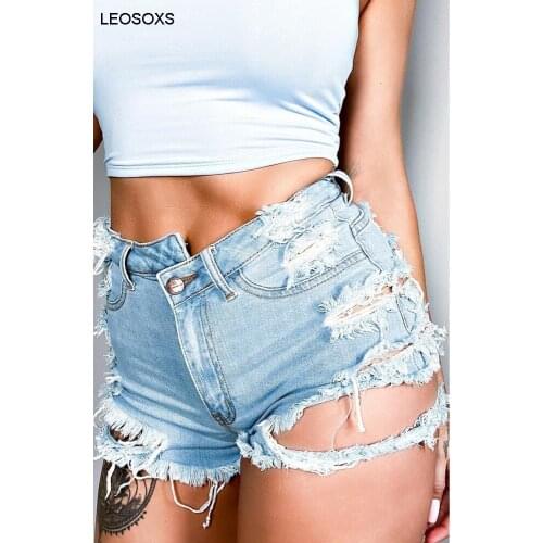 Summer Womens Pants 2021 New Fashion Irregular Tear Hole Stretch Denim Hot Pants High Waist Light Blue Denim Shorts