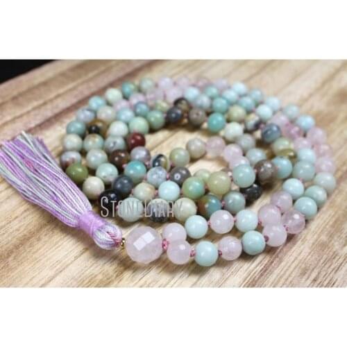 MN36760 Amazonite 108 Rose Quartz Mala Necklace Knotted Mala Tassel Yoga Jewelry Meditation Beads Spiritual Boho Jewelry