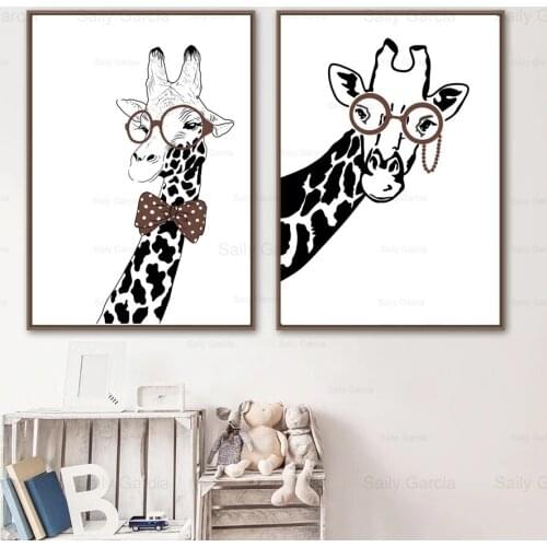 Cartoon Giraffe Wallpaper Wear Glasses Canvas Painting Art Poster Childlike Print Picture Home Bedroom Decoration Craft