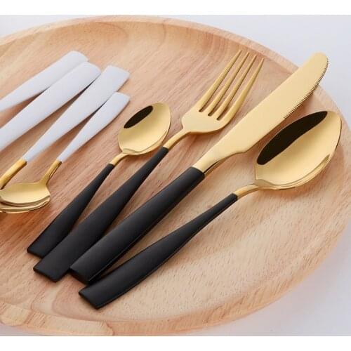 High Grade 18/8 Stainless Steel Cutlery Set Black Gold Dinnerware white gold Silverware Black Tableware dinner knife dinner fork