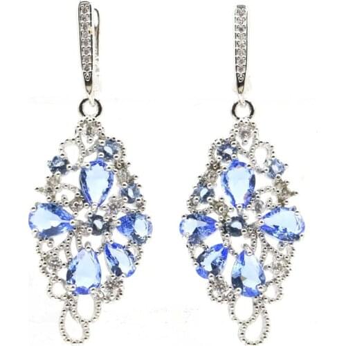 50x18mm Classic Jewelry Set Hollow Created Blue Violet Tanzanite White CZ For Womans Birthday Gift Silver Pendant Earrings