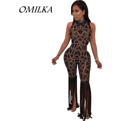 OMILKA Diamonds Rompers and Jumpsuits 2018 Autumn Women Sleeveless O Neck See Through Bodycon Shiny Mesh Club Party Overalls