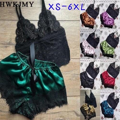 Sexy Fashion Women Lace V Neck Pajamas Set Lingerie Sleeveless Nightwear Spaghetti Strap Vest + Short Pants Sleeping Wear