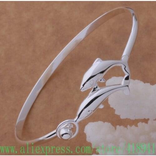 Silver Plated bangle bracelet, Silver Plated fashion jewelry double Dolphin bracelet /dxramoya aytajqaa AB041