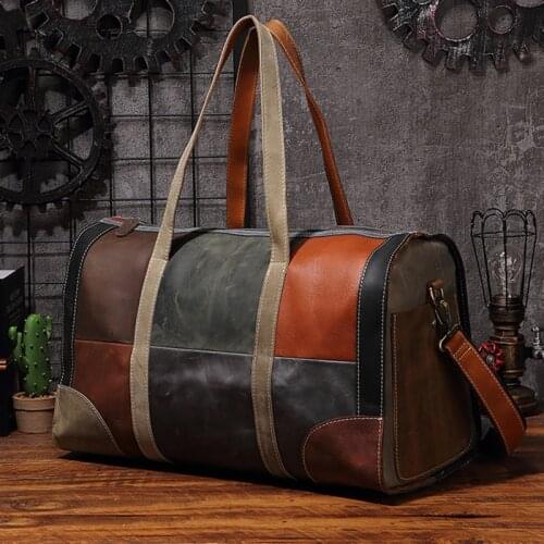 Luxury Pure Handmade Patchwork Natural Crazy Horse Leather Mens Travel Bags