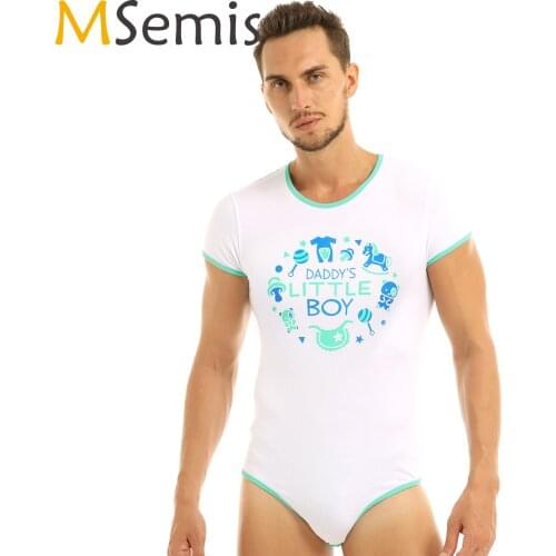 Men Sexy Lingerie Bodysuit Sexy Underwear Press Button Crotch Daddys Boy Printed Exotic Romper Pajamas Adults Cosplay Costume